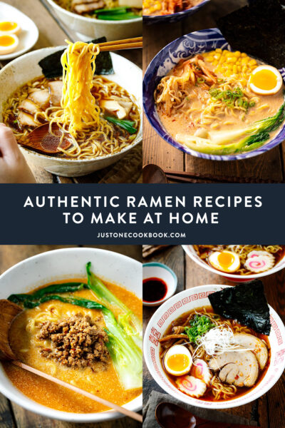 collage of authentic ramen recipes, including shoyu ramen, vegetarian ramen and tan tan ramen