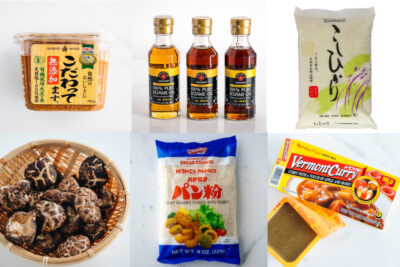 essential japanese ingredients including soy sauce, sesame oil, panko, japanese short grain rice, shiitake mushroom etc